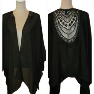 Lane Bryant Black Open Front Kimono One Size Neck Crochet Lace Cover Up Light